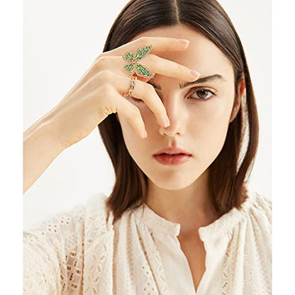 Butterfly Rings for Women Adjustable Golden Cocktail Ring Sparkly Stones Statement Silver Bow Open Wrap Bow Jewelry Bridesmaids Wedding Valentine’s Day Gift Lover Mother - color: JZ03-Gold Green