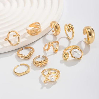 Chunky Gold Rings for Women Gold Baroque Pearl Rings Open Adjustable Pearl Ring Stacking Knuckles Rings Set Boho Prom Costume Fashion Jewelry for Women 2026 - style: Style2
