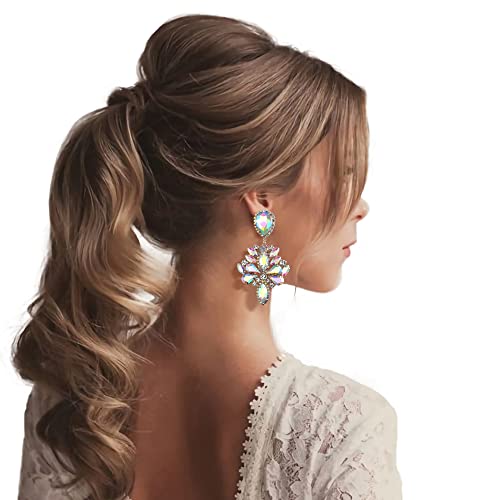 Clip-On Earrings Wedding Stunning Crystal Rhinestone Marquise Teardrop Cluster Dangle Earring for Women Party Prom Accessory - color: Iridescent AB Gold-Tone