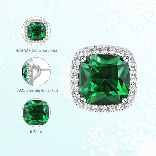 Square Cubic Zirconia Earrings Stud 7mm Birthstone Studs Earrings Hypoallergenic Princess Cut Earrings 925 Sterling Silver Post Studs Earrings for Women - color: Emerald