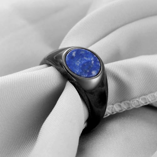 MYNENEY Stainless Steel Round Statement Pinky Signet Rings for Men Women - color: Lapis lazuli-Black