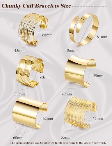 REVOLIA 6Pcs Chunky Cuff Bracelets Set for Women Minimalist Irregular Statement Wrist Cuff Adjustable Hammered Bangles Bracelets Open Wide Wire Arm Cuff Bracelet - color: Gold-B