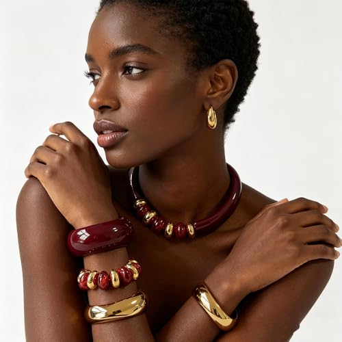 Chunky Gold Acrylic Bangle Bracelets for Women Chunky Resin Beaded Bracelets 14K Gold Plated Bangle Stack Statement Cuff Jewelry Gift - color: RED Bracelet