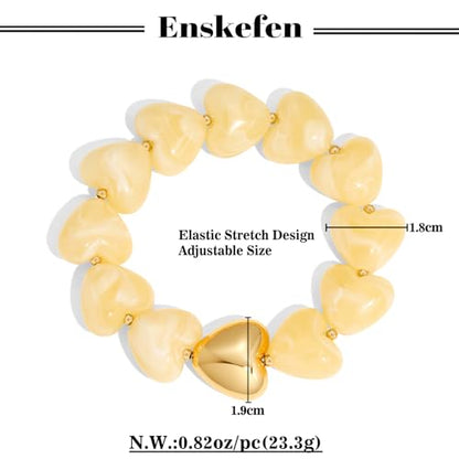 Multicolor Chunky Beaded Bracelet for Women Bold Acrylic Resin Stretch Bracelet Summer Beach Statement Bracelets Trendy Elastic Bangle Jewelry - color: Heart bracelet-cream white