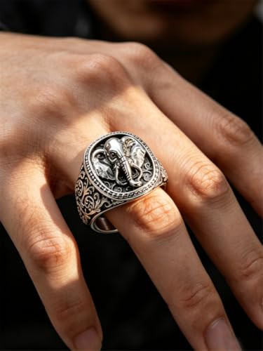 Men's Silver Gold Elephant Head Ring Stainless Steel Biker Band | Religious Engraved Chunky Signet Band for Men, Elephant Animal Lucky Ring, Retro Amulet Jewelry Gift for Him - color: Silver