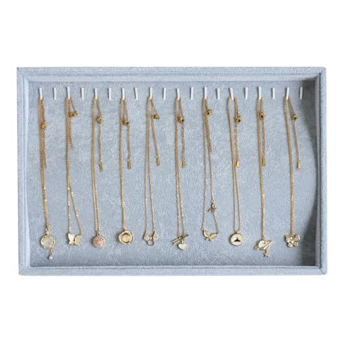 Wudygirl Jewelry Organizer Jewelry Tray for Drawer 13.7"x9.4" Gray | 20 Hooks Necklace Organizer with Velvet Liner, Jewelry Tray for Storage, Ideal for Dresser Drawer, Gift Giving, Stackable - color: Gray Necklace, size: 1 Pcs