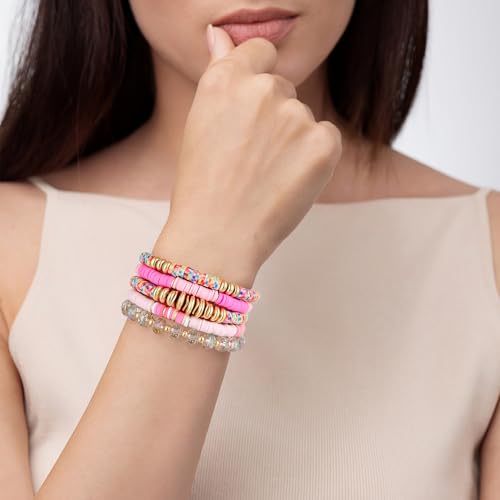 Summer Surfer Heishi Bracelet Set for Women Stackable Gold Plated Clay Ploymer Bead Stretch Pink Beach Layering Bracelets Jewelry - color: B-A1