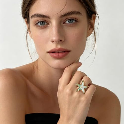 Vintage Starfish Shell Open Rings for Women Stainless Steel Gold Plated Boho Blue Ocean Sea Conch Animal Adjustabel Statement Finger Band Rings Comfirm Fit Summer Beach Holiday Fashion Jewelry