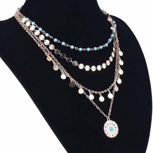 HUASAI Boho Necklaces for Women Dainty Layered Choker Necklace Bohemian Turquoise Necklace Statement Jewelry Western Cowgirl Country Concert Outfits Accessories - color: A-Gold Boho