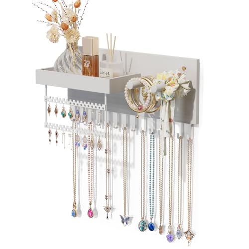 Lolalet Wall Mounted Hanging Jewelry Organizer, 15 Hooks Wooden Necklaces Holder with Storage Shelf, Easy Install Earrings Bracelets Hanger -White - color: White