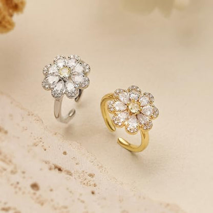 NewZenro Rhinestone Flower Adjustable Open Rings for Women Silver/Gold Plated Sparkling Crystal Floral Statement Finger Band Wrap Rings Comfort Fit Dainty Wedding Jewelry - color: Silver
