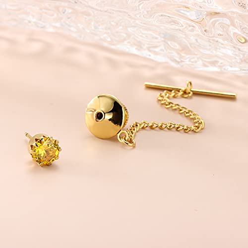 HAWSON Mens Tie Tack with Chain Round Crystal Wedding Business Accessories - color: Gold + Light Topaz