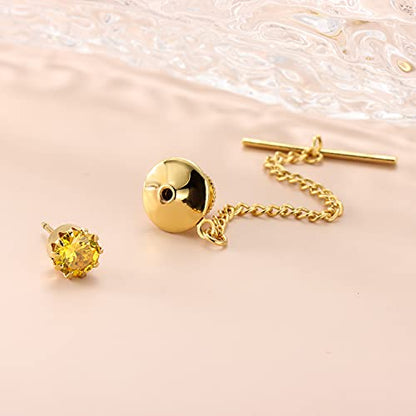 HAWSON Mens Tie Tack with Chain Round Crystal Wedding Business Accessories - color: Gold + Light Topaz