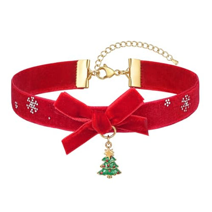 FOSIR Velvet Choker for Slender Neck, 14k Gold Plated Sainless Steel Heart/Snowman/Deer/Hat/Tree/Bell/Pendant Collar Necklace for Women, Adjustable Soft Skin-Friendly Velvet Jewelry Gifts - color: Red Choker- Tree