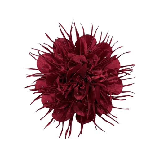 Dtja 4" Dainty Spiky Fabric Flower Brooch Pin for Women Elegant Crystal Colorful Pom-Pom Fluffy Floral Peony Corsage Brooches Lapel Hair Pins Fashion Party Dress Accessories Jewelry - color: Wine Red