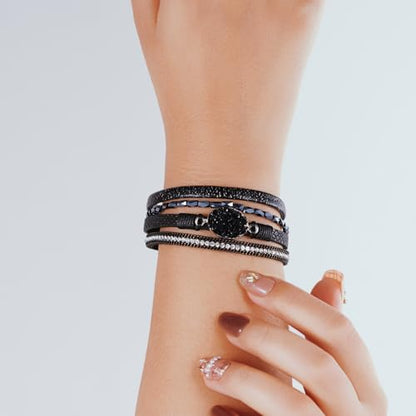 Boho Leather Wrap Bracelets Beaded Stackable Cuff Bracelet Country Concert Outfits Cowboy Cowgirl Western Jewelry Gifts for Women - color: Stone-Black