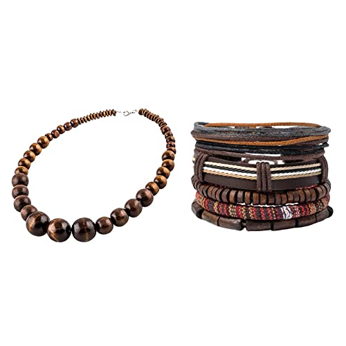 Wood Bead Necklace Africa Wooden Chain Statement Unisex Chunky Necklaces - color: 1necklace+ 4 bracelet