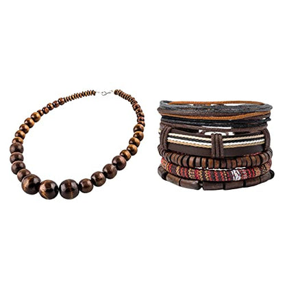 Wood Bead Necklace Africa Wooden Chain Statement Unisex Chunky Necklaces - color: 1necklace+ 4 bracelet