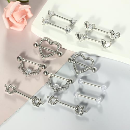 TIANCI FBYJS 6 Pairs Nipple Rings Stainless Steel Heart Butterfly Moon Flower CZ Stud Barbell Tongue Rings Set Cute Nipplerings Piercing Jewelry for Women Pink Tone - color: silver