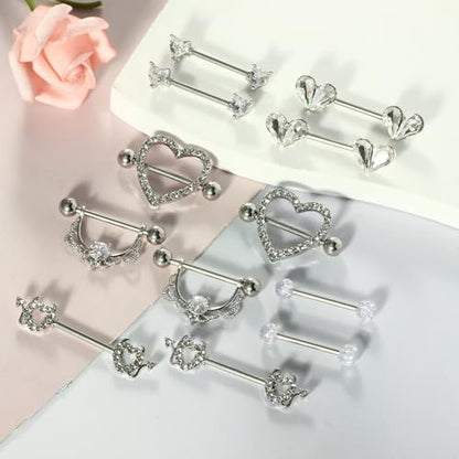 TIANCI FBYJS 6 Pairs Nipple Rings Stainless Steel Heart Butterfly Moon Flower CZ Stud Barbell Tongue Rings Set Cute Nipplerings Piercing Jewelry for Women Pink Tone - color: silver