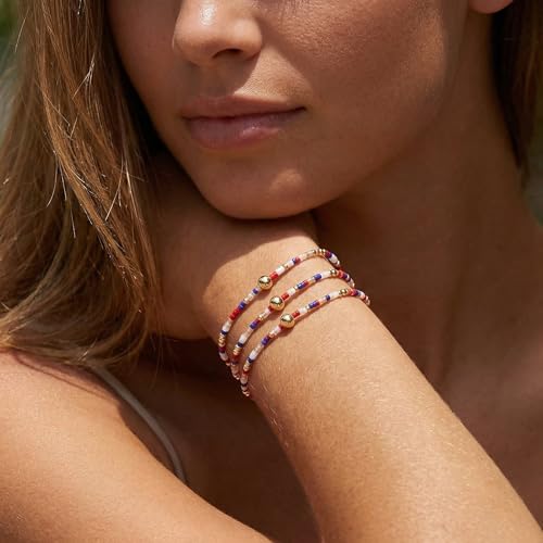 Dainty Gold Plated Tiny Ball Colorful Beaded Stack Bracelets Sets for Women,3Pcs Stackable Cute Bracelet Stretch Trendy Ball Jewelry Friendship Gift - color: 4th Of July