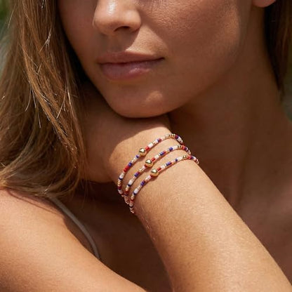 Dainty Gold Plated Tiny Ball Colorful Beaded Stack Bracelets Sets for Women,3Pcs Stackable Cute Bracelet Stretch Trendy Ball Jewelry Friendship Gift - color: 4th Of July