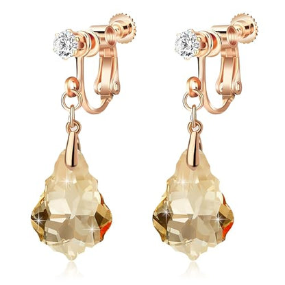 Austrian Crystal Baroque Drop Clip On Dangle Earrings for Women Non Pierced 14K Rose Gold Plated Hypoallergenic Jewelry - color: Topaz