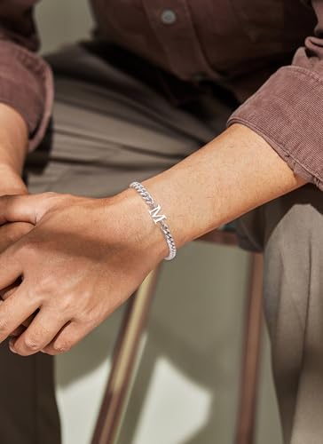 Initial Bracelet Matching Couple Bracelets Silver Letter A-Z Stainless Steel Cuban Link Chain Mens Bracelets Christmas Birthday Gifts for Men Women Him Teens Best Friends Husband Dad Son - color: M.
