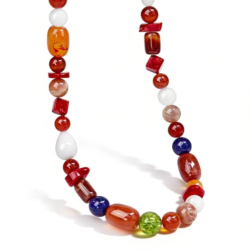 Boho Colorful Chunky Statement Beaded Necklaces for Women,Handmade Women's Fashion Gemstone Bead Choker Necklace,Western Natural Stone Strand Necklace Bib Collar Jewelry Unique Gifts for Women - color: 03-Red
