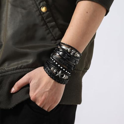 MILAKOO 6Pcs Punk Leather Bracelets for Women Men Braided PU Wristband Skull Skeleton Accessories - color: G: Black