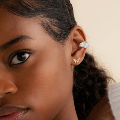 Sparkle Ear Cuff for Women, Non Piercing Single | 14K Gold Plated Brass, Clear Cubic Zirconia Accents, Fixed 3.8-3.9 mm Opening, Single Non-Piercing Cuff For Ear Stacks - style: Beaded Dome