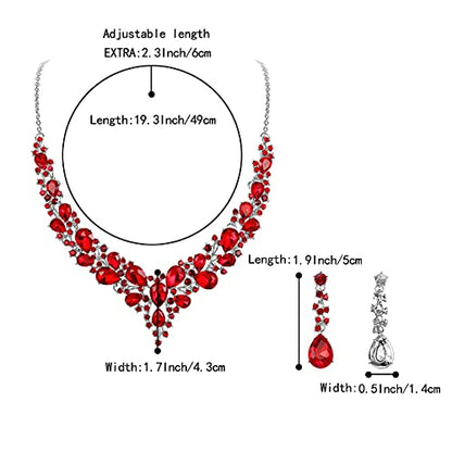 Women's Wedding Statement Necklace Dangle Earring Jewelry | Austrian Crystal Teardrop Cluster,Necklaces Earrings Set for Bride Bridesmaid,Prom Accessories - color: 03-Ruby Color Silver-Tone