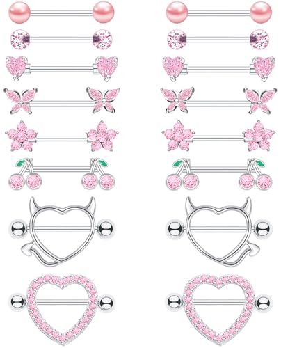 8 Pairs Gold Plated Nipple Rings for Women 14G Surgical Stainless Steel Nipple Piercing Jewelry Heart Cherry Butterfly Flower Nipple Barbells - color: Silver Tone Pink CZ