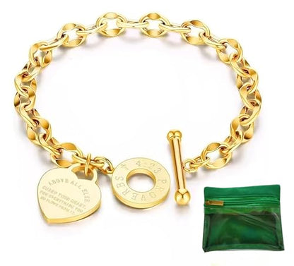 Charm Bracelet for Women 18k Gold/Silver/Rose Gold Plated Love Heart Elegant OT Clasp Stainless Steel Green Bag Packaging Jewelry Gift Birthday - color: 18k Gold, size: 7 inch