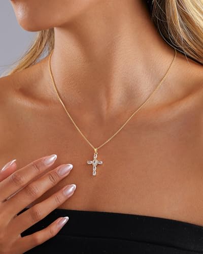 Cross Necklace for Women, 14K Gold Plated Cubic Zirconia Cross Pendant Necklace, Trendy Christian Jewelry Gifts for Baptism First Communion Christmas - color: Style B - Gold
