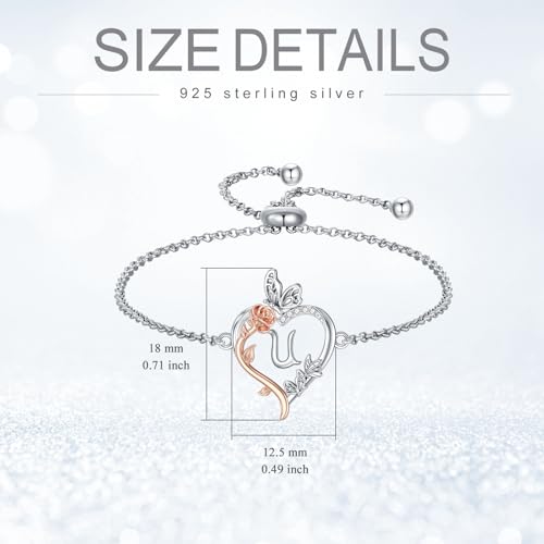 TOUPOP Gifts for Women Rose Heart Initial Bracelet 925 Sterling Silver Butterfly Letter Link Bracelet Love Jewelry Anniversary Birthday Gifts for Wife Girlfriend Mom Her - style: Initial U