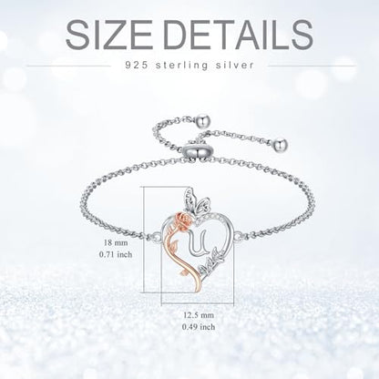 TOUPOP Gifts for Women Rose Heart Initial Bracelet 925 Sterling Silver Butterfly Letter Link Bracelet Love Jewelry Anniversary Birthday Gifts for Wife Girlfriend Mom Her - style: Initial U