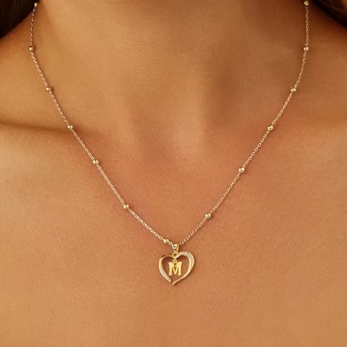 Cicy Bell Womens Heart Initial Necklace 18k Gold Plated | Personalized Letter Pendant, 17.7'' with 2'' Extender - color: Style 2-M-Gold