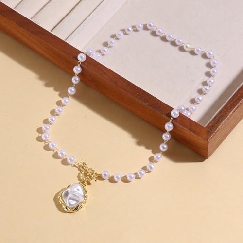 Chunky Pearl Necklaces for Women Chunky Baroque Pearl Beaded Gold Chain Link Pearls Pendant Necklace White Pearls Necklace Valentine's Day Jewelry Gifts Party Prom Birthday Outfits Accessorie - style: Pearl Necklace, Pearl Pendant
