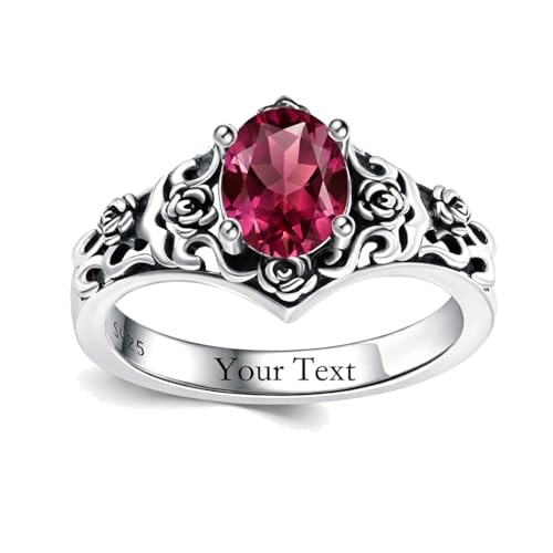 1 CT Oval Cut Gemstone Vintage Filigree Ring 925 Sterling Silver Retro Rose Teardrop Birthstone Statement Ring Anniversary Jewelry Gifts for Women Ring Size 4-13 - color: July-Ruby Red