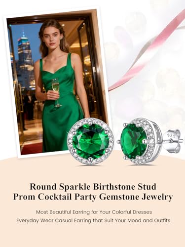 Bestyle Authentic 925 Sterling Silver 2 Carat Birthstone Earrings for Women, More Sparkle Heart/Round Solitaire Diamond Studs Earrings, Great Birthday/Christmas/Anniversary Jewelry for Wife Mother - color: 05. May Emerald-Round