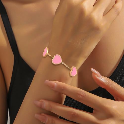18K Gold Plated Five Heart Charm Bracelets for Women | Adjustable Love Bracelet Set Jewelry Gift-Hypoallergenic for Birthdays, Wellness & Daily Wear - color: 1#-Pink