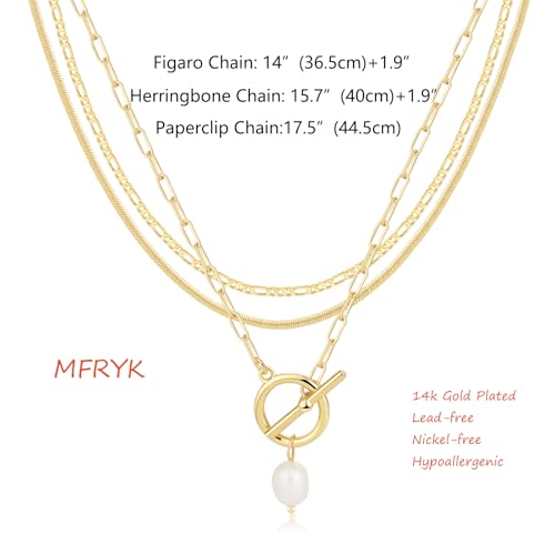 MFRYK Gold/Silver Necklaces Stack For Women,14K Gold/Sterling Silver Plated Simple Layered Choker Necklaces For Women,Stackable Multilayer Pearl Cross Disc Circle Pendant Cuban Herringbone Snake Paperclip Chain Necklaces Set Jewelry Gift for Women - style
