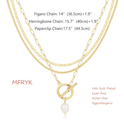 MFRYK Gold/Silver Necklaces Stack For Women,14K Gold/Sterling Silver Plated Simple Layered Choker Necklaces For Women,Stackable Multilayer Pearl Cross Disc Circle Pendant Cuban Herringbone Snake Paperclip Chain Necklaces Set Jewelry Gift for Women - style