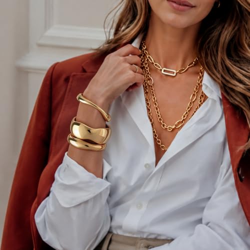 Chunky Gold Bangle Bracelets for Women Trendy 14K Gold Plated Cuff Bracelets Stack, Dainty Gold Bracelet Sets Non Tarnish Fashion Jewelry Gift - style: Gold-3pc-010