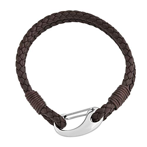 Edforce Braided Genuine Leather 2-Strand Cuff Bracelet with Stainless Steel Clasp - color: Brown