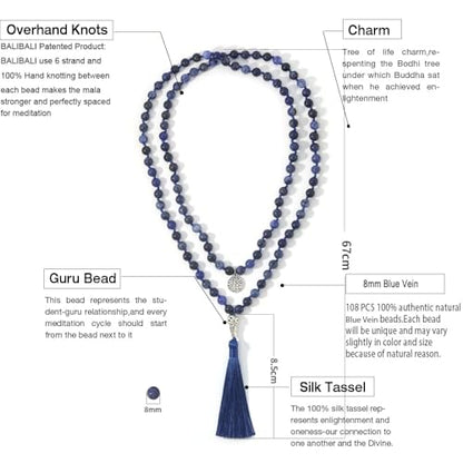 108 Mala Beads Necklace Semi-Precious Gem Stones Meditation Necklace 108 Hand Knotted Japa Mala Beaded Tassel Necklace with Tree of Life Pendant - color: Flower Blue-Veins