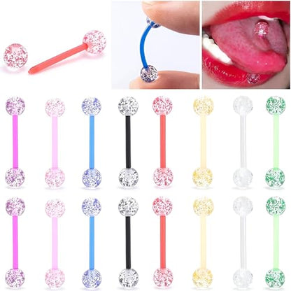 Sequin Barbell Piercing Set for Men Women 14 G Acrylic Tongue Ring Jewellery Long Cute Nipple Piercings Bars Kit Hypoallergenic Flexible Stud 4 pcs Body Jewelry Size 16 MM - color: Purple