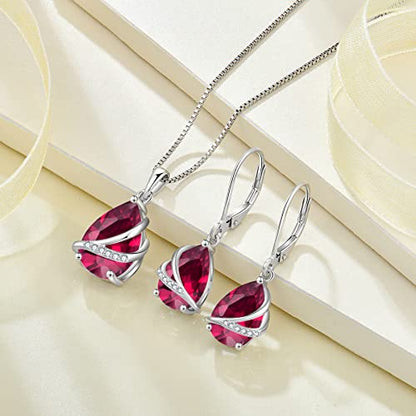 Birthstone Pendant Necklace 925 Sterling Silver Teardrop Jewelry for Women - color: Red