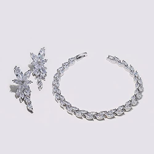 Elegant Marquise CZ Wedding Jewelry Set for Women Bride Bridesmaid | Sparkling Cubic Zirconia Earrings Bracelet, Prom Homecoming & Formal Occasions Accessories - color: White Gold